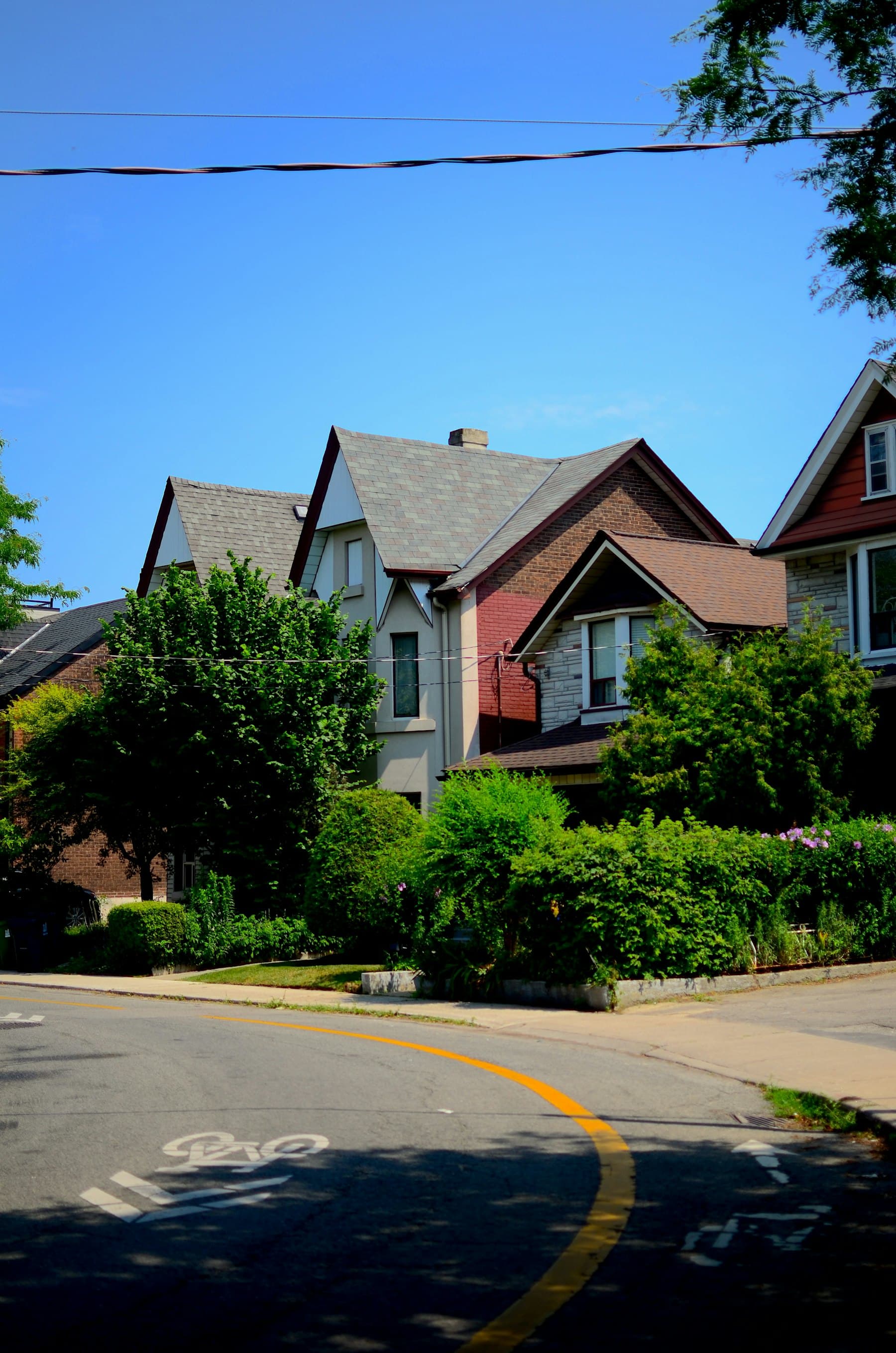 Residential street lined with houses and trees